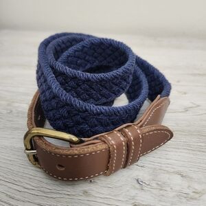Dockers Mens Belt Navy Blue Braided Genuine Leather Sz 42 Solid Brass Buckle